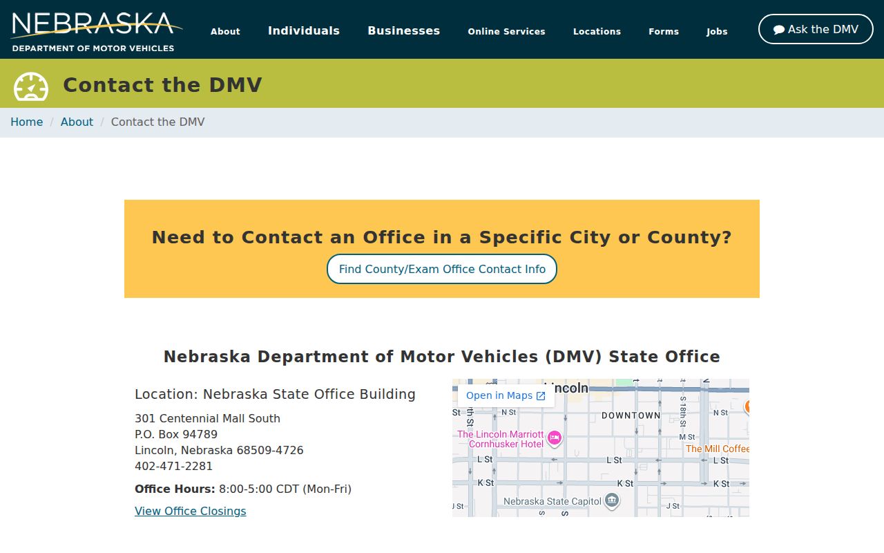 Nebraska DMV contact page in the Nebraska phone directory listing division phone numbers