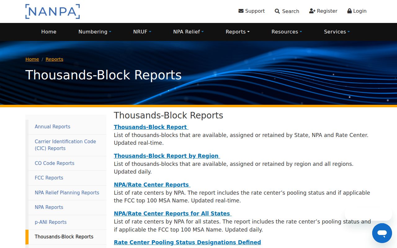 NANPA thousands-block reports covering Nebraska phone area codes and rate centers