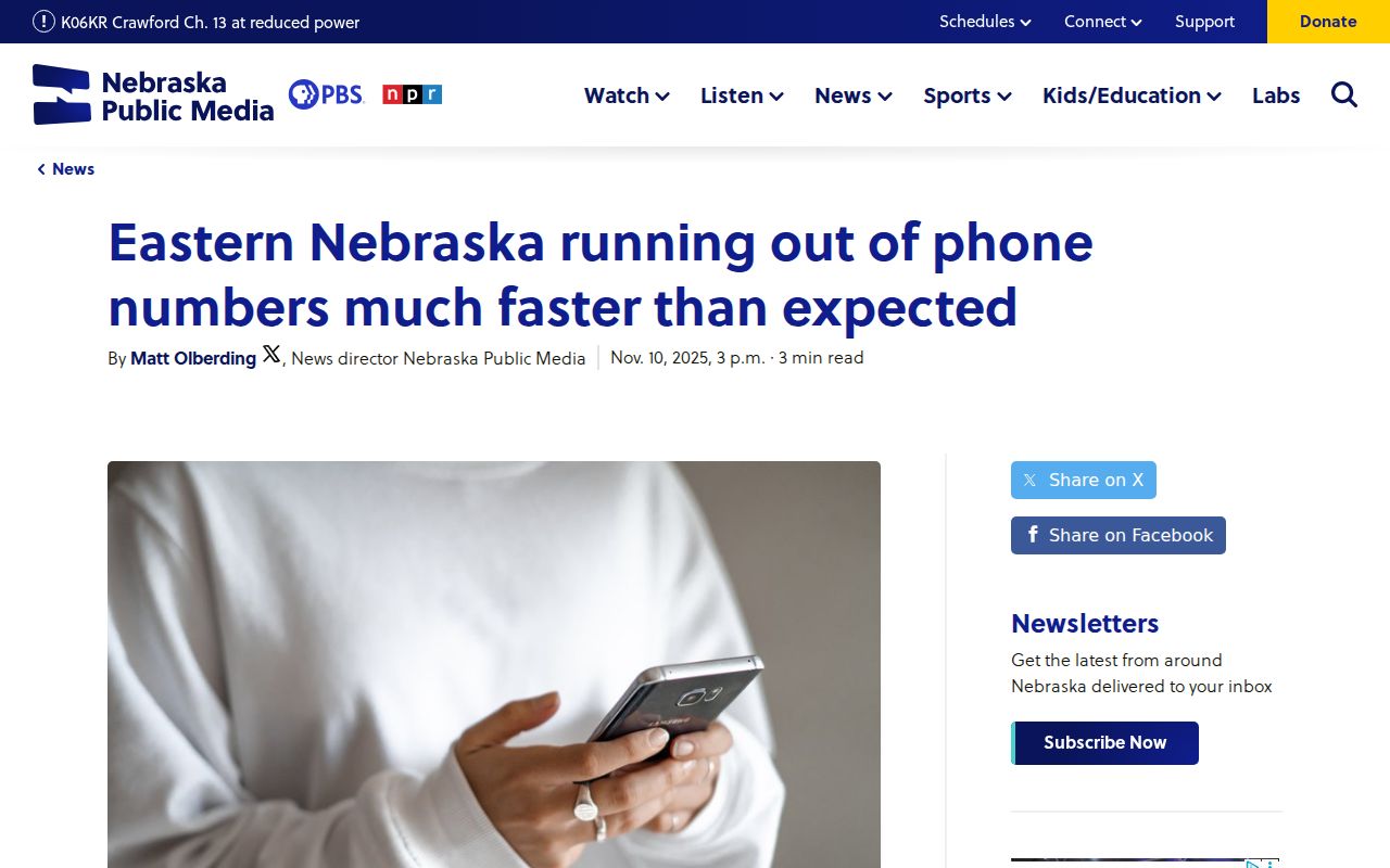 Reporting on eastern Nebraska running short of numbers under the current phone area codes