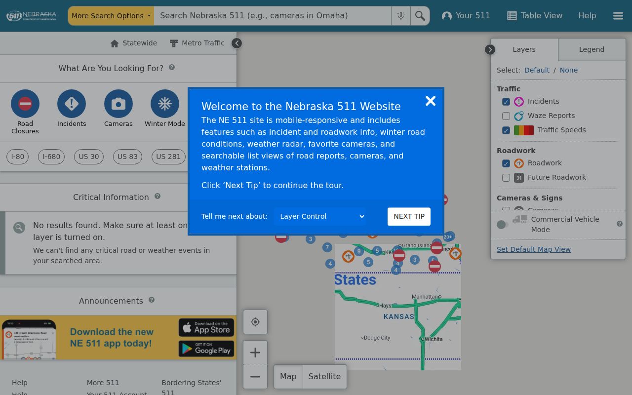 Nebraska 511 traveler map reached through one of the state phone codes