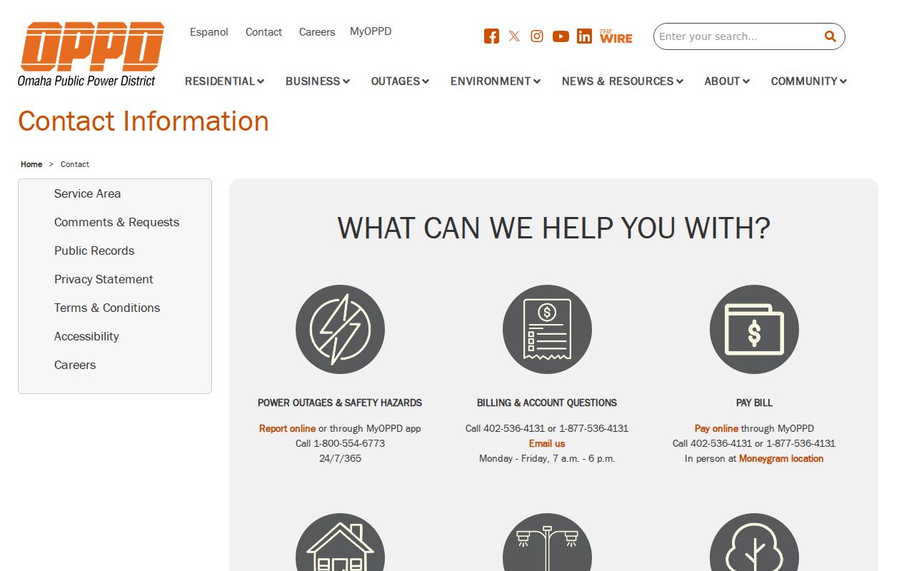 OPPD contact page listing Nebraska phone numbers for outages and billing
