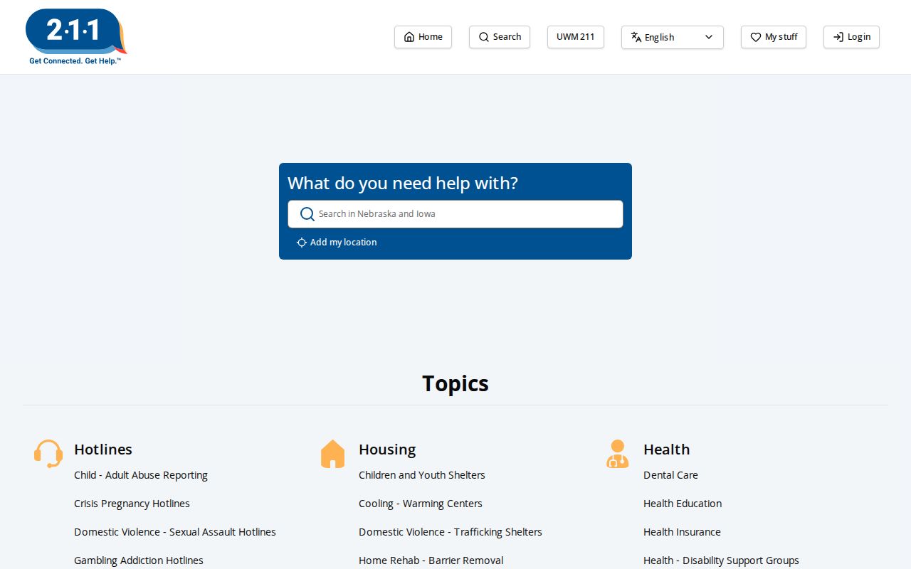 Searchable 211 database of Nebraska phone numbers for community services